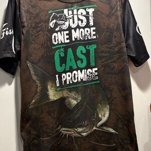 Just One More Cast Short Sleeve Fishing T‑Shirt in Brown with Green Graphic